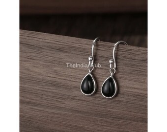 Black Onyx Drop Hook Earrings in Sterling Silver, Delicate Earring, Black Onyx Earrings, Pear Shape Earring, Women Earring, Gemstone Earring