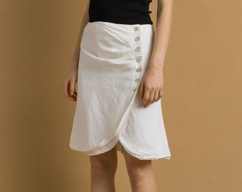 Vintage 90s Armani White Cotton Blend High Waisted Skirt/ Buttons Wrap | Made in Italy | 1990s Armani Designer Skirt