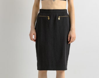 Falda de lana lápiz de cintura alta Chanel vintage de los años 90 / Hecho en Francia | Falda midi | Falda de diseñador francés de los años 90