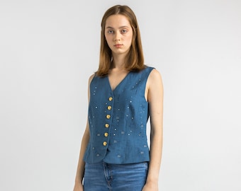 80s Vintage LAUREL Escada Silk Linen Vest / Embroidered Vest / Woman Blue Buttons Vest / Woman Vest / Designer Laurel Clothing size Small