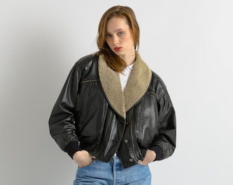 Chaqueta de cuero estilo motociclista vintage de los 80 para mujer, estilo bomber, moderna y atrevida, color negro, estilo grunge de los 80, con cremallera lateral. Talla S.