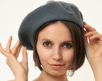 70s Vintage Style Woman Retro 100% Wool Hat 3369/ Vintage Woman Dark Grey Beret/ Retro Woman Navy Dark Grey Beret size Small