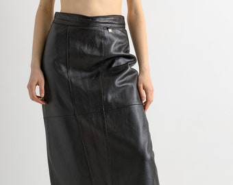 80s Leather Midi Skirt / High Waist Leather Midi Skirt Medium / Minimalist Black Pencil Skirt / Leather Midi Pencil Skirt Medium