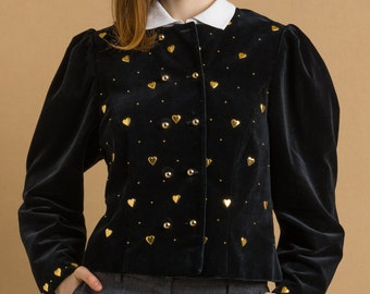 Women's velvet black structured jacket blazer / gold buttons / traditional jacket popular in Bavaria, Tyrol, Austria and Germany