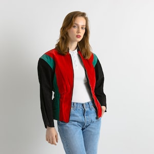 Années 80 vintage Cuir Bomber Biker Colorblock Zip Up Outwear Automne Veste S