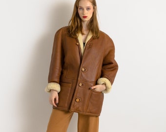 90s Y2k Archive Vintage Shearling Jacket Leather Lambswool Beige  