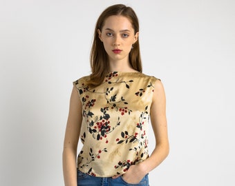 80s Vintage Vtg Rare 100% Silk Seta Beige Floral Top Blouse Shirt Summer Girlfriend Gift/ Vintage Woman SILK Blouse