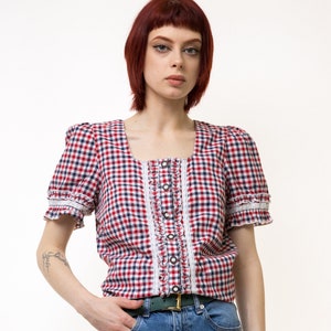 Vintage Vtg Rare Alpen Trachten Cotton Bavarian White Embroidered Checked Short Sleeve Buttons Up Blouse Shirt Size Medium