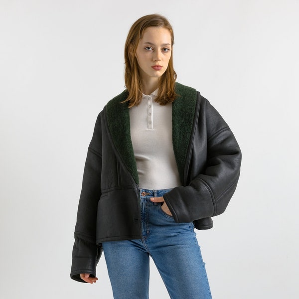 Sheepskin Leather Coat 80s, Size M Black Shearling Fur Coat, Black Sheepskin Overcoat, Vintage Sheepskin Coat, Penny Lane, Winter Outerwear
