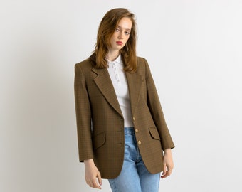 80s Vintage Vtg Rare Pure Wool Woolmark Brown Check Blazer Jacket Button Up size S/ Vintage Woman Blazer