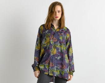 1980 80s Vintage Unisex Man Silk Blouse, Vintage Multicolor Paisley Long Sleeve Silk Top, Billowy Silk Blouse, Oversized Button Up