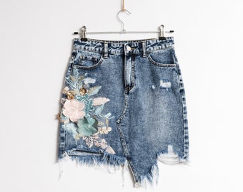 Denim Mini Skirt | 80s Vintage High Waisted Fitted Pencil