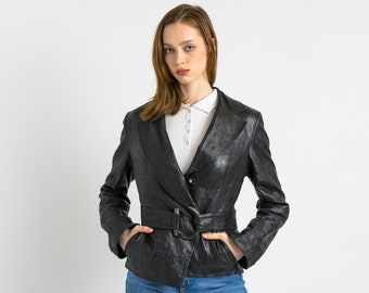 Black Leather Jacket Vintage 80s Minimalist Blazer Jacket Retro Leather Coat Longline Leather Jacket Women Vintage Clothing size Medium