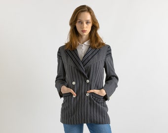 80s Vintage ESCADA Margaretha Ley Stripe Wool Schurwool Blazer Lined Buttons Up Long Sleeve Jacket. Vintage Woman Wool Blazer.