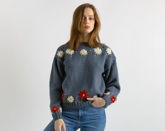 Women's Wool Jumper - Daisy - Pullover - Floral Sweater - Embroidered Pullover - Retro Flower Power - 90s Syle- Handknitted