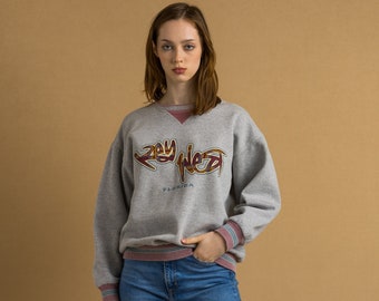 90s Vintage Vtg Retro hecho en EE.UU. 3D gris sudadera de gran tamaño jersey sudor novia regalo presente tamaño S M