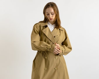 80s Vintage Vtg Rare Beige Maxi Long Buttons Up Lined Trench Coat Outwear Girlfriend Gift Present