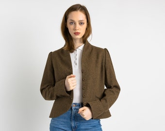 Mujer Tweed Brown Blazer / Chaqueta de lana Tweed / Vintage 70's Button Wool Pocket Blazer - Talla 42 / Vintage Mujer Tweed Blazer