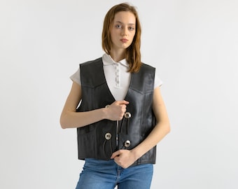 Chaleco de cuero negro vintage hecho, top de tamaño pequeño para mujer UNISEX, chaleco de cuero negro, top de cuero del suroeste, chaleco de motocicleta