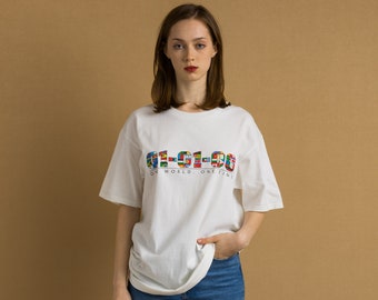 90s Vintage I One World One Time Graphic T Shirt - Women's XL | Vintage White Graphic Print Tee