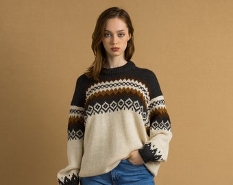 80s Vintage Norway Knitwear Abstract Ornament Wool Jumper Sweater/ Vintage Woman Fair Isle Wool Sweater size Medium