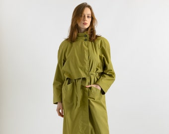 80s Vintage Vtg Rare Old Olive Vintage Maxi Long Lined Overcoat Outwear Trench Rain Coat Girlfriend Gift Present Size S M