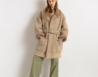 70s Vintage Suede Sheepskin Leather Shearling Fastens Coat size 