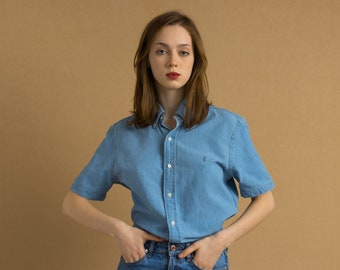 Vintage Ralph Lauren Blue Cotton Logo Short Sleeve Buttons Up Woman Shirt/ Vintage Ralph Lauren Unisex Blue Medium Woman Shirt