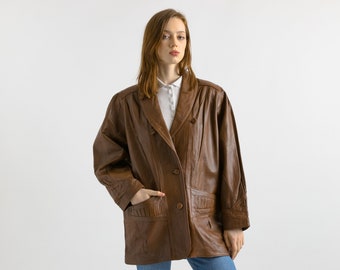 Veste en cuir marron vintage années 80 Veste blazer minimaliste Rétro Manteau en cuir Longline Veste en cuir Femmes vintage Taille de vêtements Petite