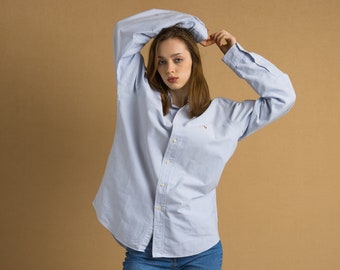 Vintage Ralph Lauren Blue Striped Cotton Logo Long Sleeve Buttons Up Woman Shirt/ Vintage Ralph Lauren Unisex Striped XL Woman Shirt