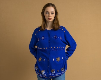 80s Vintage Woman Electric Blue Oversized Lambswool with Angora Blue with Beads Jumper Sweater Cardigan Size S Small. Girl gift