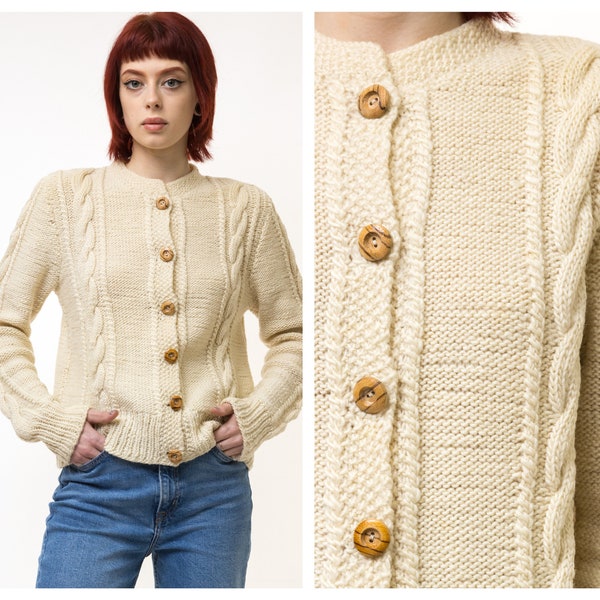 70s Vintage Oldschool Fisherman Handknitted Knitwear Cableknit Buttons Up Sweater Jumper Pullover / Vintage Beige Knitted Cardigan