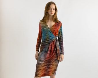 1990s Vintage Escada V Deep Neck Abstract Pattern Romantic Print Woman Dress I Size 36 Small