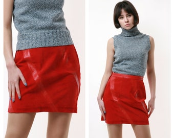 80s Vintage Red Leather Pencil Zip High Waisted Mini Skirt 1648