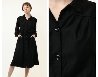 80s Vintage Woman Black Summer Long Sleeve A Line Midi Dress size Small 4073/ Vintage Woman Midi A Line Black Dress/ Vitage Woman Dress