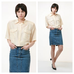 80s Vintage Vtg Rare 100% SILK Seta Seide Soie Natural Fabric Short Sleeve in Beige Shirt Buttons Up Blouse 2503