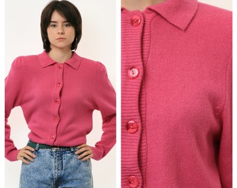 Années 70 vintage Vtg Rare Lambswool Angora Rose foncé Manches longues 1/4 Boutons Up Puller Pullover Top 3036 Taille S M Girl Present
