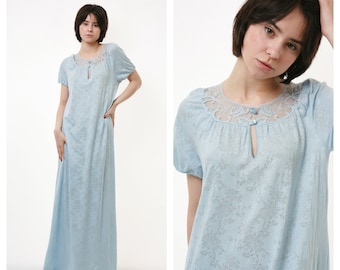 70er Jahre Vintage Vtg Seltene Boho Style Blau Lange Maxi Kurzarm Hauskleid Robe Kleid Palmen 2775 Freundin Geschenk
