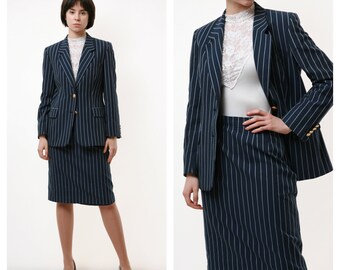 90s Vintage Aquascutum Striped High Waisted Pencil and Blazer All in One Suit 2197