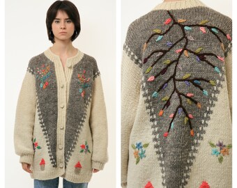 Unique Wonderful Beige Scarlet Vintage Cardigan Folk Dirndl Austrian Embroidered Knitted Jacket Embroidery Wool Hand Knitted