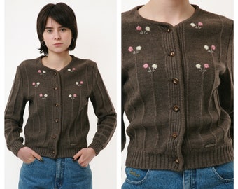 Vintage Autrichien des années 70 Traditionnelle Woolmark Folk Hand tricoté Boutons brodés Up Sweater Cardigan Jumper Outwear 2750 Girlfriend Gift