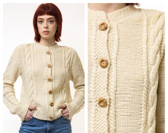 70s Vintage Oldschool Fisherman Handknitted Knitwear Cableknit Buttons Up Sweater Jumper Pullover / Vintage Beige Knitted Cardigan