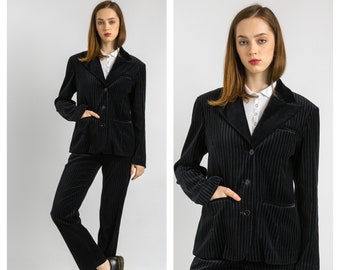 Emporio Armani Velor suit, 90s black Armani striped pants suit with buttons blazer, elegant Emporio Armani jacket and pants set