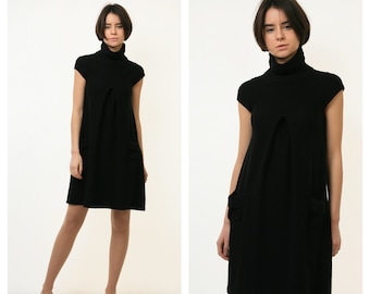 90s Vintage 100% Merino Wool Black Turtleneck A Line Mini Length Warm Dress size S Small 3559/ Vintage Small Black Dress/ Y2k Dress