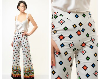 70s Vintage Woman High Wasited Abstract Pattern Flare Pants size Xs Extra Small 3704/ Vintage Woman 70s Clothing/ 70s Flare Pants