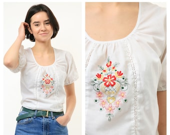70s Vintage Vtg Rare Alpen Trachten Dirndl Cotton White Embroidered Floral Short Sleeve Woman Tshirt Blouse Shirt 3901 Size S