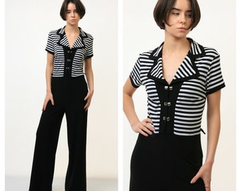 70s Vintage Striped Collared Woman Wide Legs Short Sleeve Summer Jumpsuit fits S -M 3549/ 80s Vintage Woman Summer Jumpsuit Romper