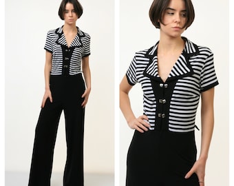 70s Vintage Striped Collared Woman Wide Legs Short Sleeve Summer Jumpsuit fits S -M 3549/ 80s Vintage Woman Summer Jumpsuit Romper