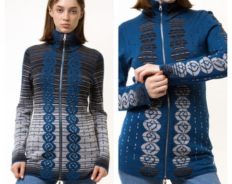 90er Jahre Vintage Luxus Reversible 2 Side Switzerland 100 % Merinowolle Rollkragenpullover Abstraktes Muster Damen Pullover mit Reißverschluss in Blau Größe Medium