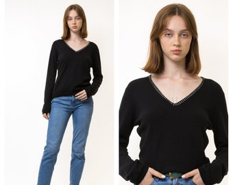 80s Vintage Woman 100% Cashmere Black Retro Woman Jumper Sweater Top in Medium/ Vintage Woman Cashmere Jumper Sweater